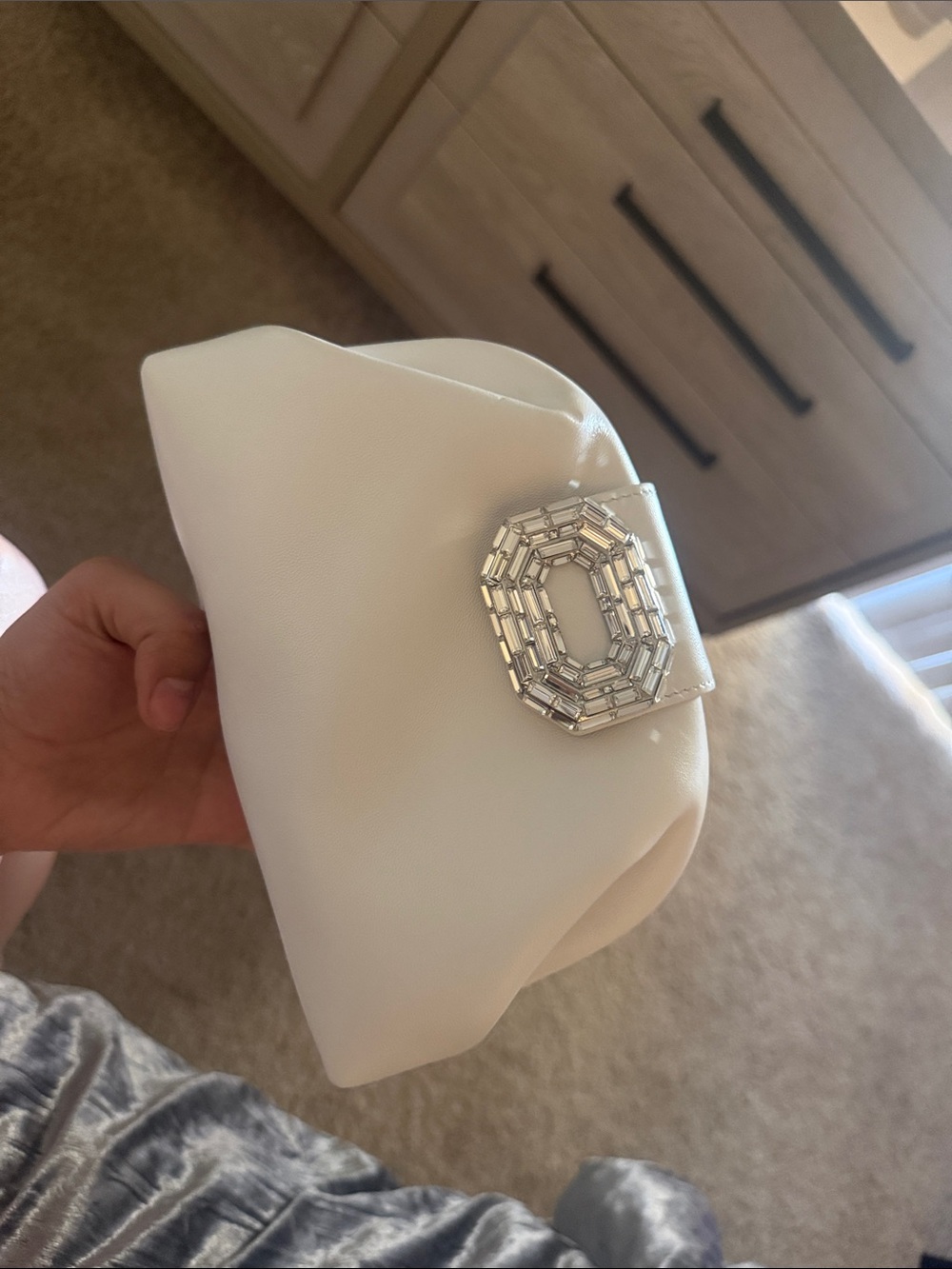 Amina Muaddi White Evening Clutch with Crystal Octagon Accent